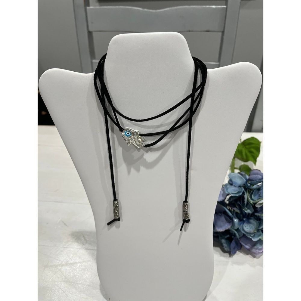 2 Wrap Lariat Suede Chokers with rhinestone and hamsa evil eye protection‎ charm
